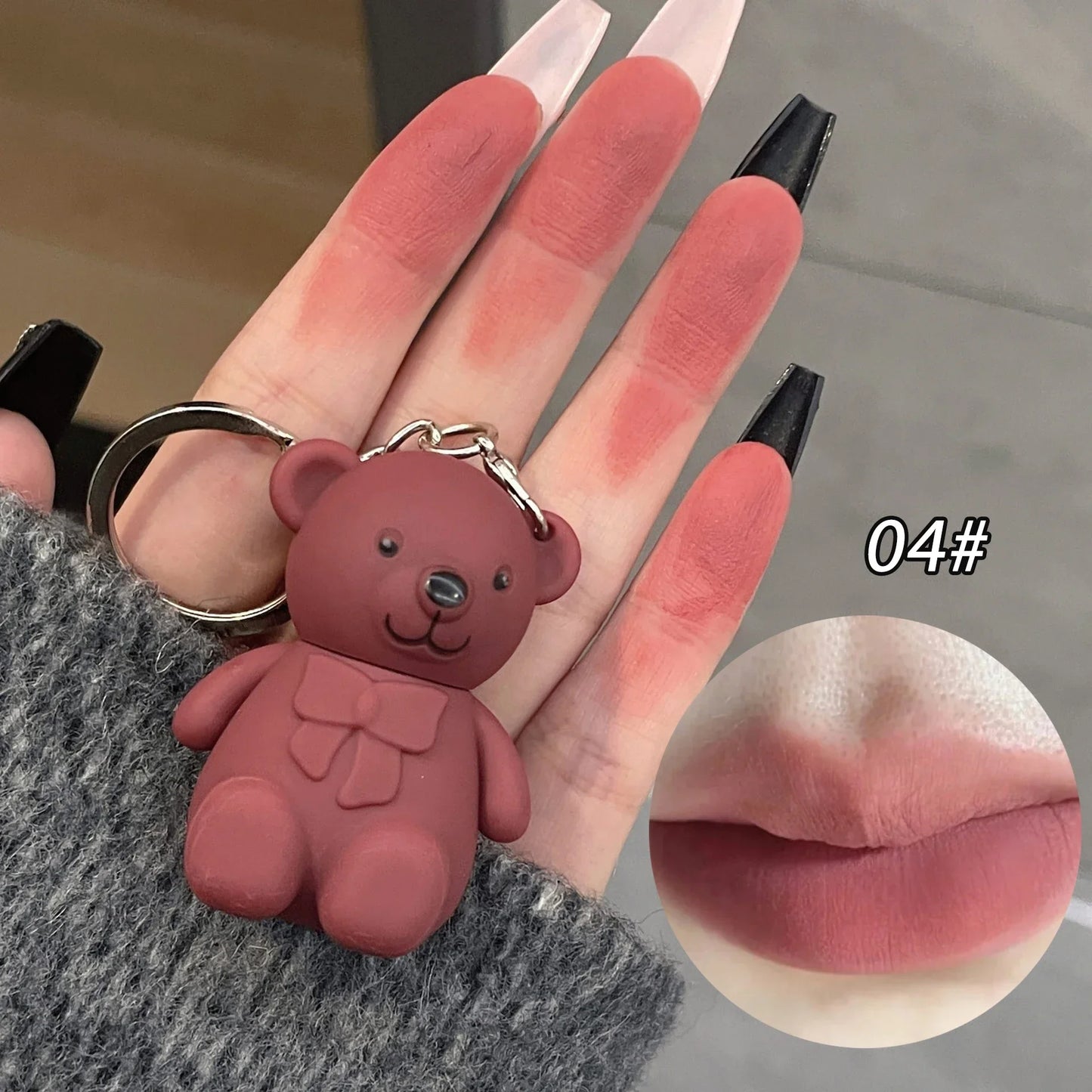 Cute Bear Keychain Matte Lip Mud – Velvet Lip Glaze, Long-Lasting Lip Tint for Women