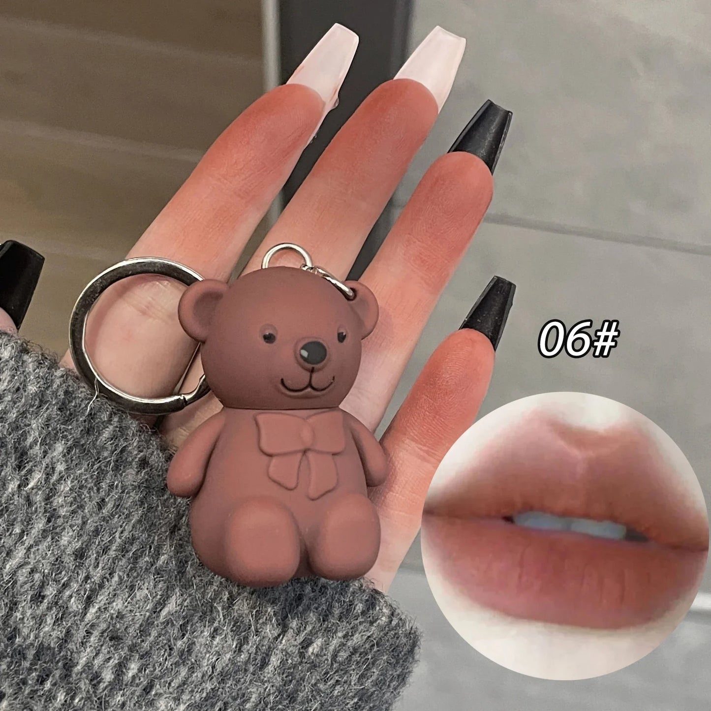Cute Bear Keychain Matte Lip Mud – Velvet Lip Glaze, Long-Lasting Lip Tint for Women