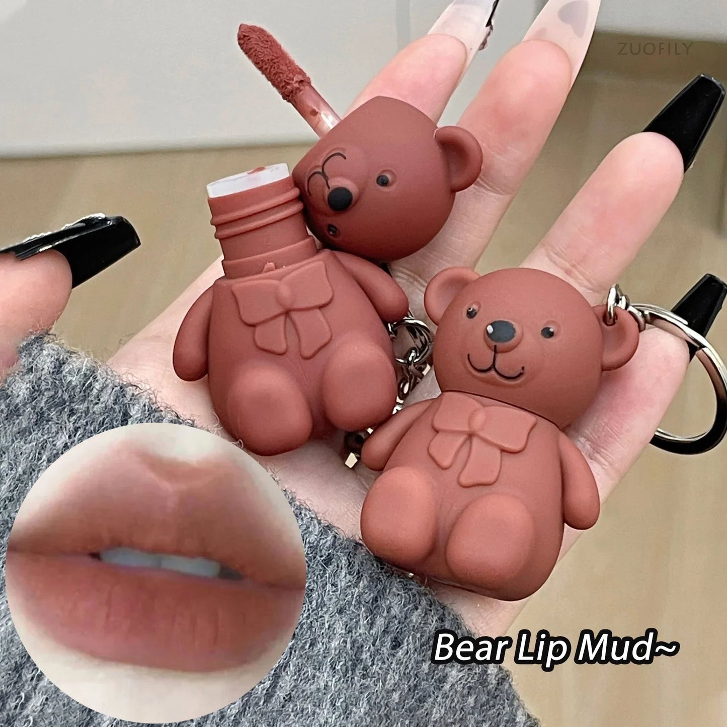 Cute Bear Keychain Matte Lip Mud – Velvet Lip Glaze, Long-Lasting Lip Tint for Women